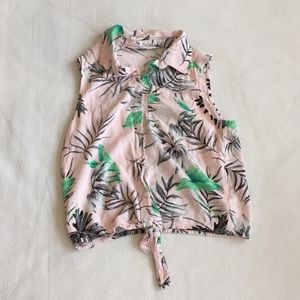 Pink with green leaves button up summer shirt.